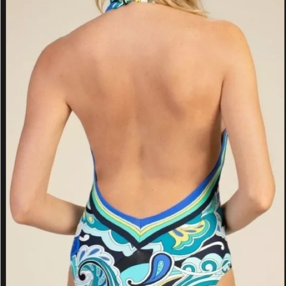 Trina Turk Blue and Yellow One Piece Swimsuit with Plunging Neckline - Picture 2 of 6